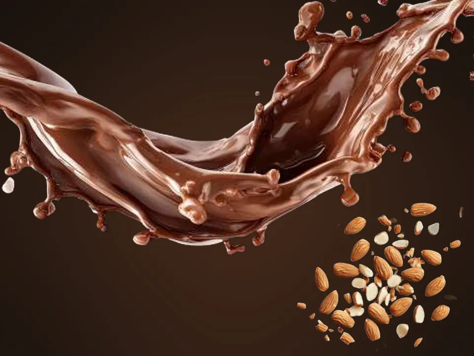 A wave of melted milk chocolate with scattered almonds on a dark background